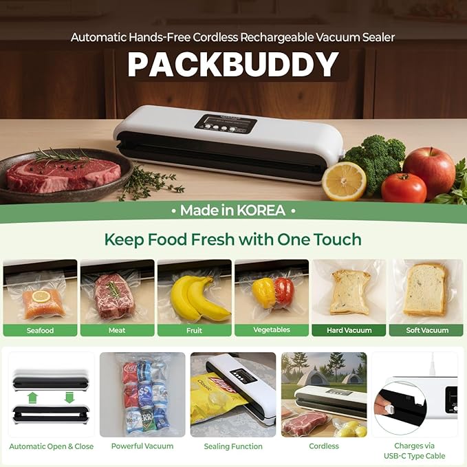 Premium Robotic Vacuum Sealer for Home & Kitchen, 85Kpa Powerful Suction One-Touch Operation Compact Food Sealer for Storage & Meal Prep, Multible Modes with 20 Pre-Cut Pouches
