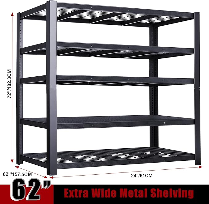 62" W 3050LBS Storage Shelves Unit,5 Tier Heavy Duty Metal Shelving Unit and Storage Large Rack,72" H x62 W x24 D Adjustable Metal Shelving Unit,Garage Shelves for Basement,Warehouse