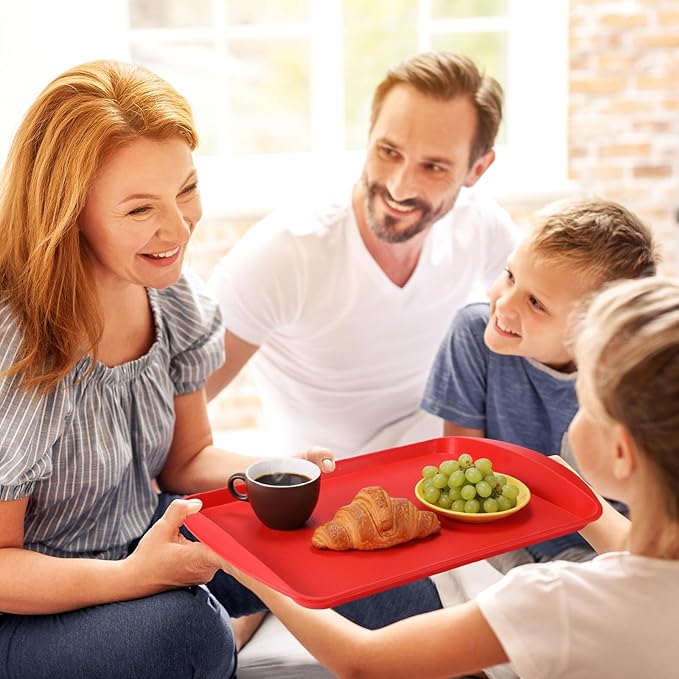 DoubleFill Set of 4 Grilling Prep and Serve Trays, 14x10 Inch Large BBQ Platter for Raw and Cooked Food, Cooking Meat Plastic Grilling Trays, Black and Red Stackable Defrosting Prep and Carry System
