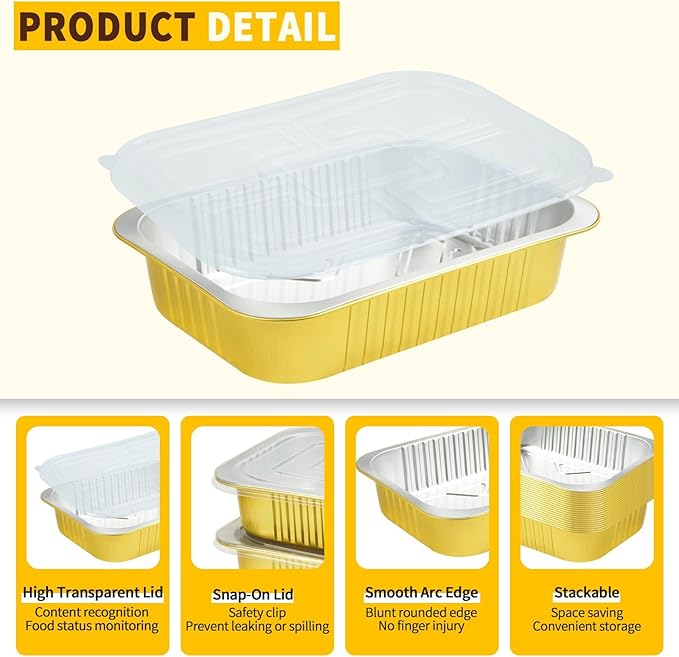 Fothwart 20 Pack 5 LB 11"×8"×2" Gold Aluminum Foil Pans with Lids Heavy Duty, Foil Food Containers with Lids, Disposable Tin Foil Pans for Meal Prep, Freezer, Heating and Takeout
