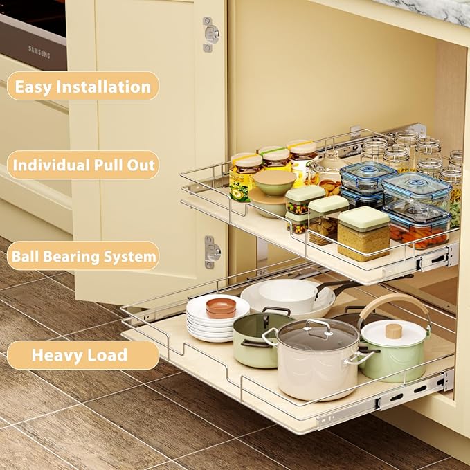 ROOMTEC 2 Tier Individual Pull Out Cabinet Organizer 19½"W x 21½"D, Slide Out Wood Shelves Organizers, Pull Out Drawers Organization and Storage for Kitchen Cabinet