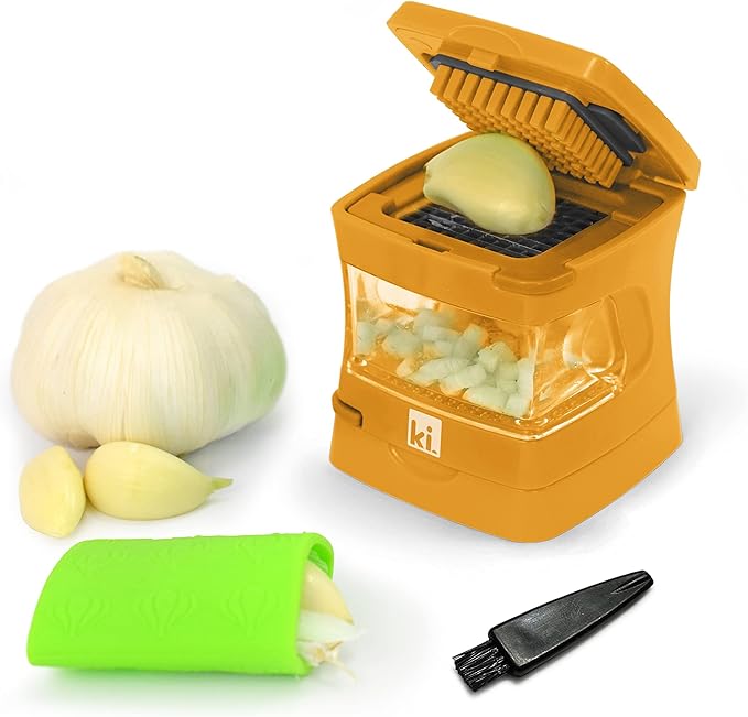 Kitchen Innovations Garlic-A-Peel Garlic Press, Crusher, Cutter, Mincer, and Storage Container - Includes Silicone Garlic Peeler - Easy to Clean - Stainless Steel Blades – (Honey), standard