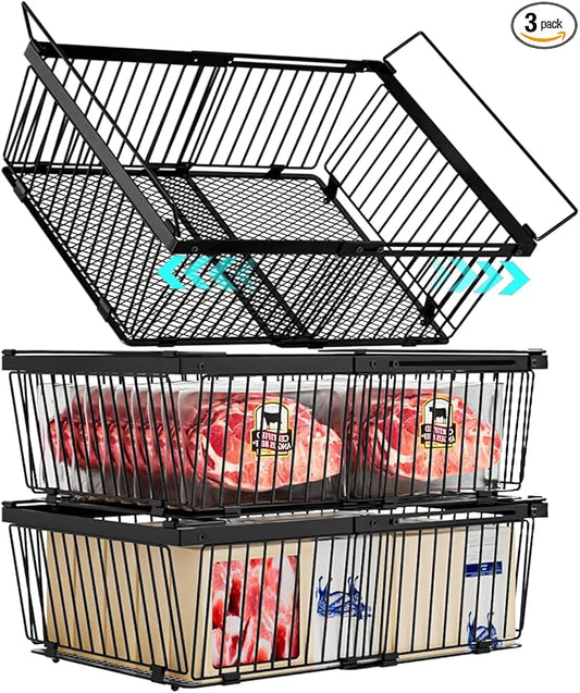 Large Freezer Organizer Bins，Upgraded Bottom Leak-Proof net，Fit 10 to 20 Cu.Ft Deep Freezer，3 Pack， Expandable Stackable Chest Freezer Organizer Bins , for Fridge, Deep Freezer, Cabinet