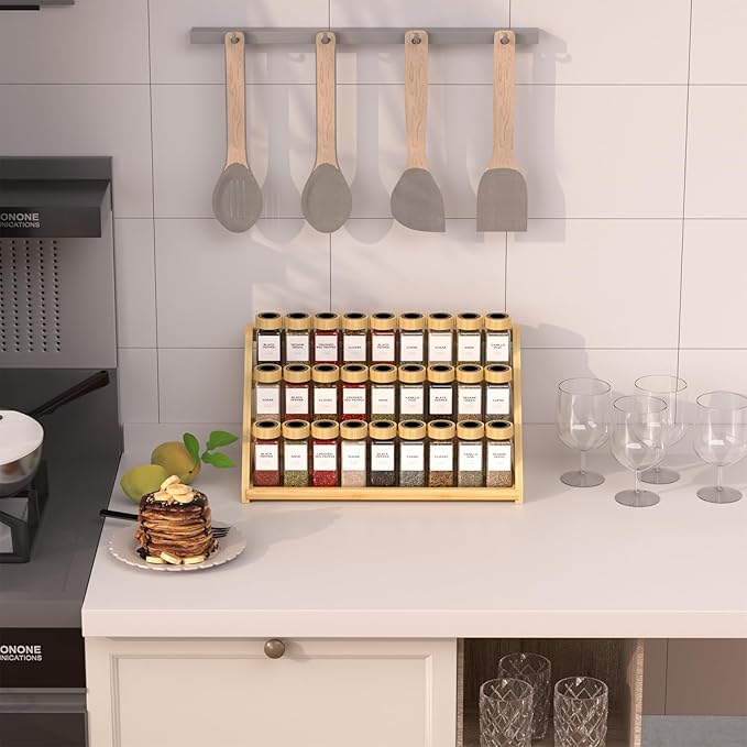 MNADSFKJ Spice Rack, Spice Organizer -3 Tier Bamboo Spice Racks, Solution for Spice Storage in Kitchens, Countertops，Storage Rooms and Other Places