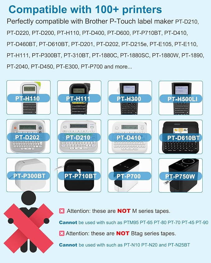 TZE231 Compatible Label Tape Replacement for Brother P Touch TZe-231 Label Maker Tape Refill 12mm 1/2 Inch x 8m 26.2ft, Black on White, Work for Brother P-Touch PT-D210 D220 H110 D400 D410 D610BT, 4PK