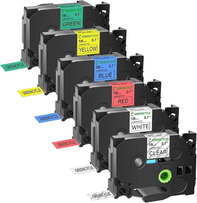 GREENCYCLE 6 Pack 18mm 0.7 Inch Laminated Multi Color Tape Compatible for Brother P-Touch TZe TZ Tape TZe-241 141 441 541 641 741 18mm Label for PT-D400 D410 D600 D610BT Label Maker