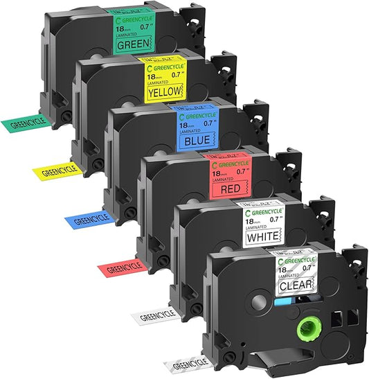GREENCYCLE 6 Pack 18mm 0.7 Inch Laminated Multi Color Tape Compatible for Brother P-Touch TZe TZ Tape TZe-241 141 441 541 641 741 18mm Label for PT-D400 D410 D600 D610BT Label Maker