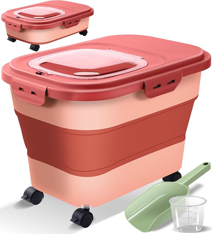 Collapsible Dog Food Storage Container with Lids, Airtight Rice Flour Cereal Sugar Cat Pet Bird Seed Containers Bin Bucket with Rolling Wheel, 20 25 30 Lbs Pound Plastic Sealable Kitchen Pantry Holder