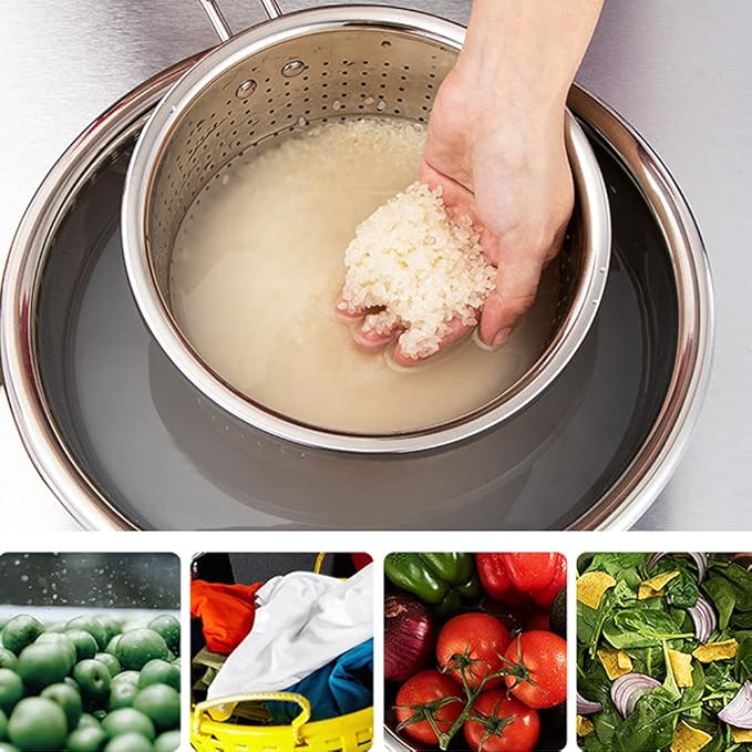 Contiup Stainless Steel Perforated Metal Colander Strainer with Long Red Handle Sieve Sifters Use for Kitchen Food Pasta Noodles Spaghetti Vegetables Silver - 10.24 inch (C072-Mer-26)