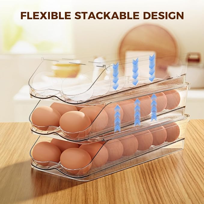 Egg Holder for Fridge,Automatic Rolling Egg Container for Refrigerator,Clear Stackable Egg Organizer with Removable Lid for Fridge Organizers and Storage,1 pack