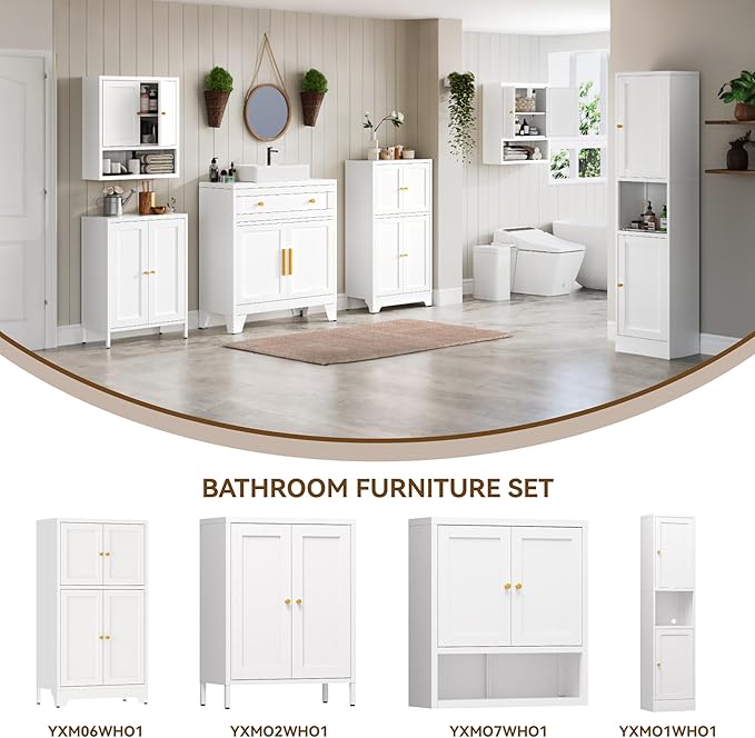 Metal Bathroom Storage Cabinet,Bathroom Floor Storage Cabinet with 2 Adjustable Shelves and 2 Doors,Freestanding Sideboard for Small Spaces, Living Room, Home Office, Dining Room,White