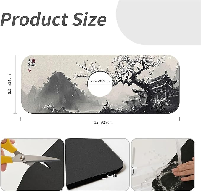 Kitchen Sink Splash Guard，Chinese ink landscape Faucet Mat Sink Gadgets-Super Absorbent Fast Drying Mat Drip Catcher for Kitchen, Bathroom,Sink Mat, Dish Drying Mat, Bathroom(15" X 5.5" )