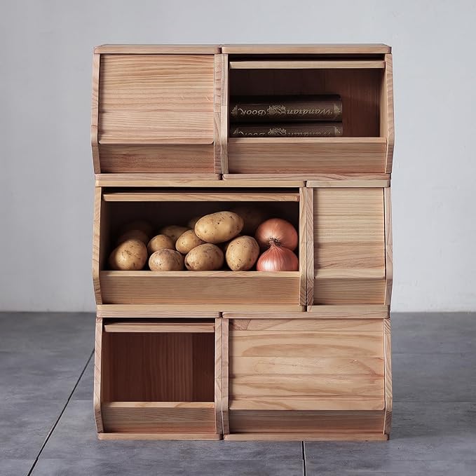 Stackable Solid Wood Storage Chests,Bins with Lids,Modular Wooden Multi-use Box,Closet Storage Organizers,Hall Entryway Cabinet,Drawers,Potato,Onion,Bread,Classify by Items,15.5”W(1 Pack)