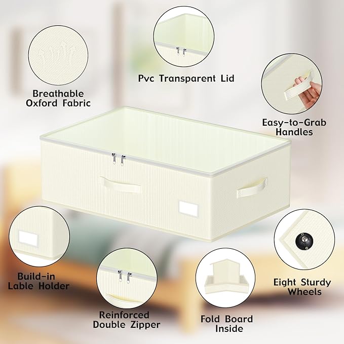 Under Bed Storage with Wheels, No Assemble Required 10 inches height Under Bed Storage bins,Large capacity Rolling Underbed Shoe Storage containers，dorm underbed storage drawers