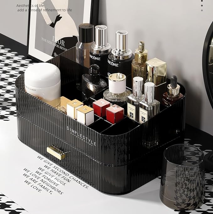 Decorcode Stackable Cosmetics Organizer Drawers, Bathroom Vanity Makeup Organizer and Storage, Ideal for Desk and Dresser Countertops, Great for Palette, Skincare, Lipsticks, Nail Care-Black
