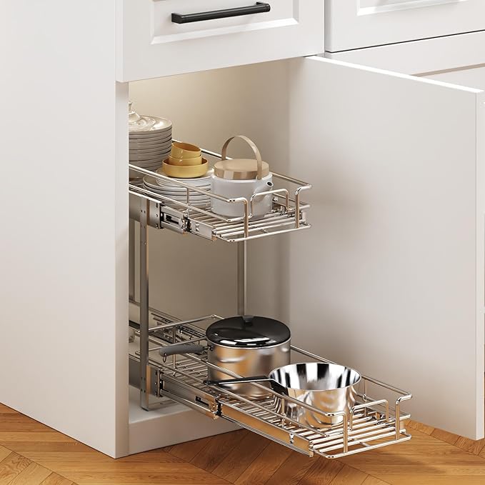 MODCART 2 Tier Individual Pull Out Cabinet Organizer 9" W x 21½" D, Heavy Duty Cabinet Pull Out Shelves, Slide Out Drawers Organization for Kitchen Cabinets Bathroom