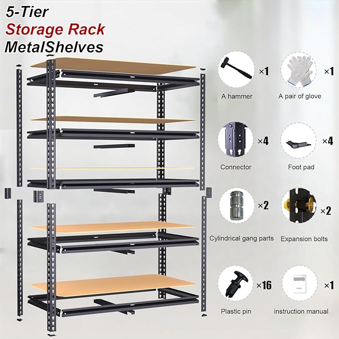 Garage Shelving Unit,40''W Black Storage Shelf,5 Tier Storage Racks and Shelving, Shelves Units Free Standing, Heavy Duty Metal Adjustable Shelves for Kitchen/Tool/Office (20''Dx40''Wx72''H)