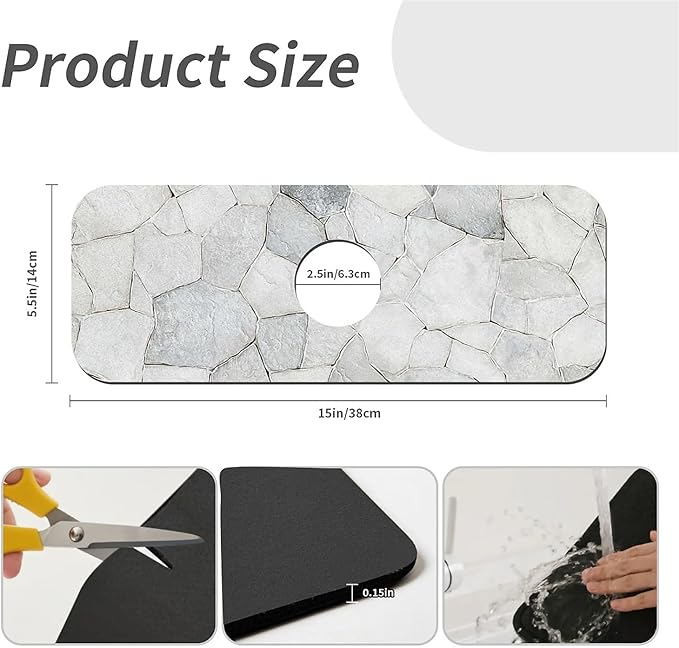 Kitchen Sink Splash Guard，White stone wall Faucet Mat Sink Gadgets-Super Absorbent Fast Drying Mat Drip Catcher for Kitchen, Bathroom,Sink Mat, Dish Drying Mat, Bathroom(15" X 5.5" )