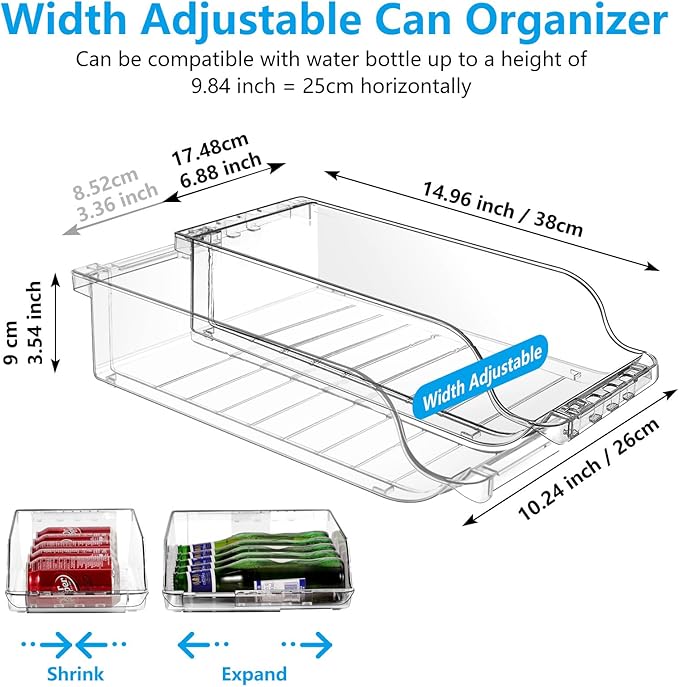 Refrigerator Organizers and Storage Width Adjustable Can Organizer for Refrigerator Expandable Soda Can Dispenser for Beer Seltzer Soda Pop Can Soda Organizer for Fridge Kitchen Pantry Clear