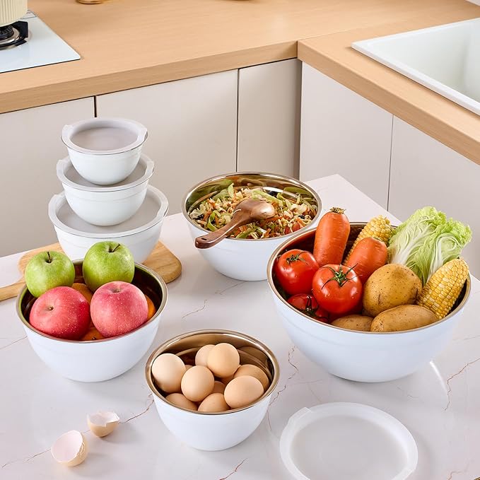 Moxinox White Mixing Bowls with Airtight Lids, Stainless Steel Nesting Mixing Bowls Set of 7, Ideal for Baking, Prepping and Serving Food, Size 7, 3.6, 2.7, 2.1, 1.5, 1.1,0.8 QT, Stackable Design