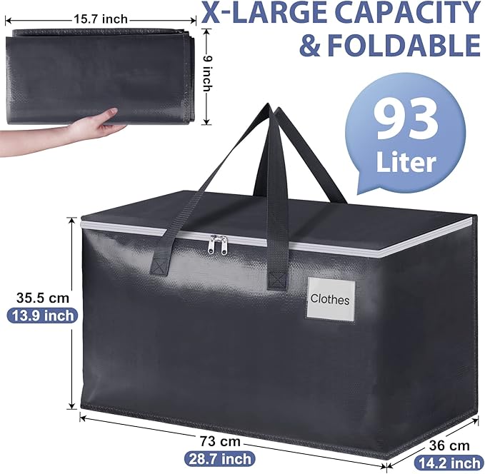 StorageRight Heavy Duty Moving Boxes-Moving Bags with Zipper, Reinforced Handles and Tag Pocket-Collapsible Moving Supplies-Totes for Storage Great for moving, Storage and Travel 93L(Gray-4 Pack)