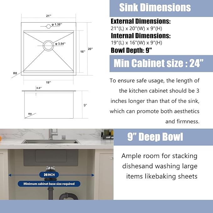 21x20 Inch Black Kitchen Sink, Drop In Bar Sink Black, Stainless Steel Square Small Topmount Workstation Sinks, Single Bowl Kitchen Sinks for Laundry Office Wet Bar Prep RV Outdoor Yard