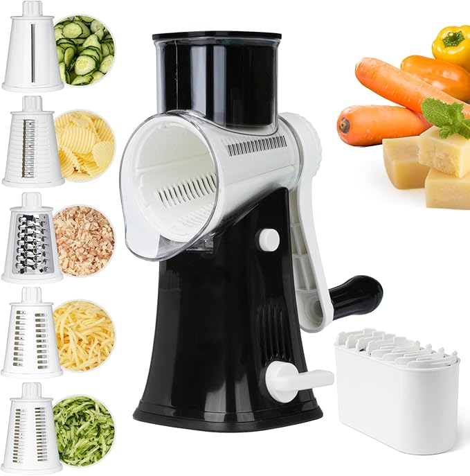 REDPANT 5 in 1 Rotary Cheese Grater, Manual Hand Crank Cheese Grater With Reinforced Suction & 5 Interchangeable Blades, Multifunctional Cheese Shredder, Easy to Use and Clean, Black