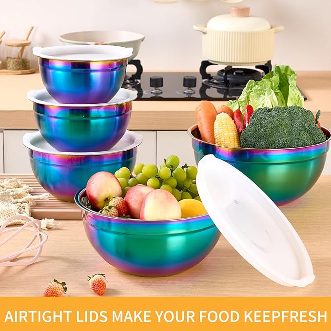 Onlycooker Rainbow Mixing Bowls With Airtight Lids,Stainless Steel Bowl,Salad Bowls 5 Piece Colorful Nesting Bowl Rainbow Kitchen Accessories,Size 5.5,3.6,2.7,2.1,1.5,QT Stackable Design