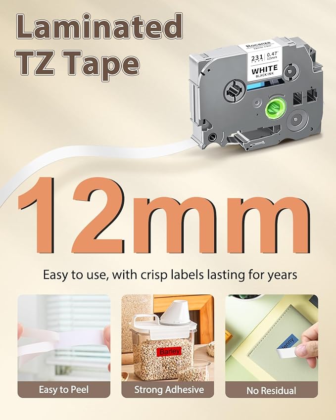 12mm 0.47 Laminated Multicolor TZ Tape Compatible with Brother P Touch Label Tape 1/2" TZe-231 131 431 531 631 731 for PTouch H110 D210 D220 202 D400 H103W, Black on Clear/White/Red/Blue/Yellow/Green
