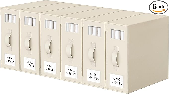 Criusia Bed Sheet Organizers and Storage, 6 Pack Foldable Linen Closet Organizer Box – Bedding Holder for Sheet Set (King/Queen Sizes), Duvet Covers, Blankets (Beige)