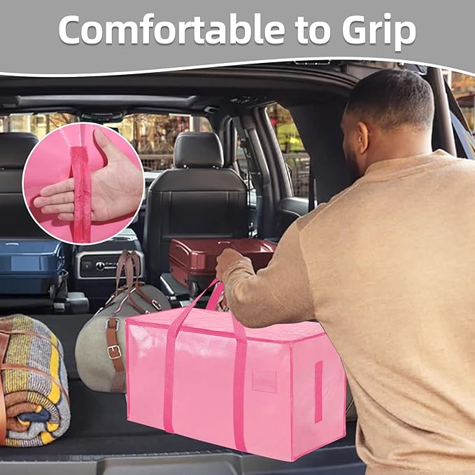 6 Pack-Extra Large Heavy Duty Moving Bags - Waterproof Storage Totes with Handles & Zippers, Foldable for College Dorm, Storage (Pink)