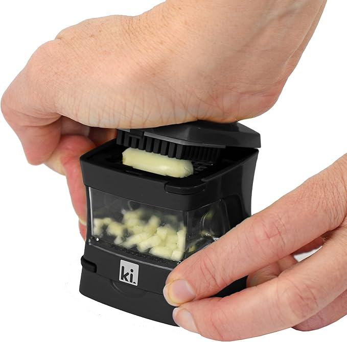 Kitchen Innovations Garlic-A-Peel Garlic Press, Crusher, Cutter, Mincer, and Storage Container - Includes Silicone Garlic Peeler - Easy to Clean - Stainless Steel Blades – (Black), standard