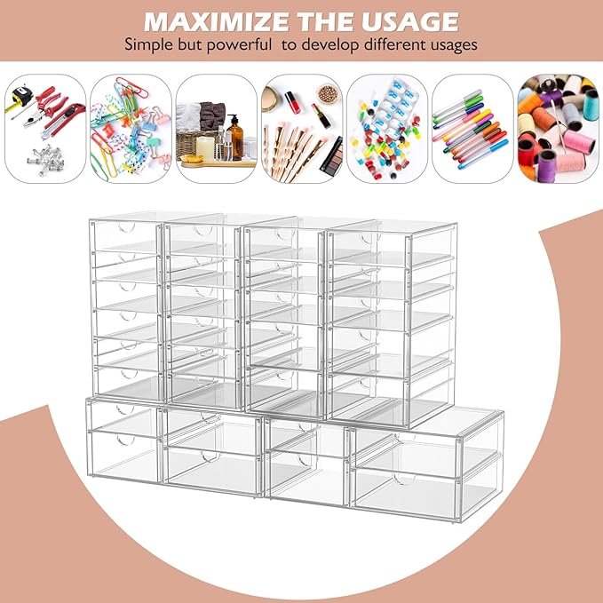 caktraie Makeup Organizer Storage with 30 Drawers, 6 Pcs Desktop Office Supplies, Desk Organizers, Clear Accessories, Dustproof Drawer and for Make Up, Jewelry, Pen, Stationary
