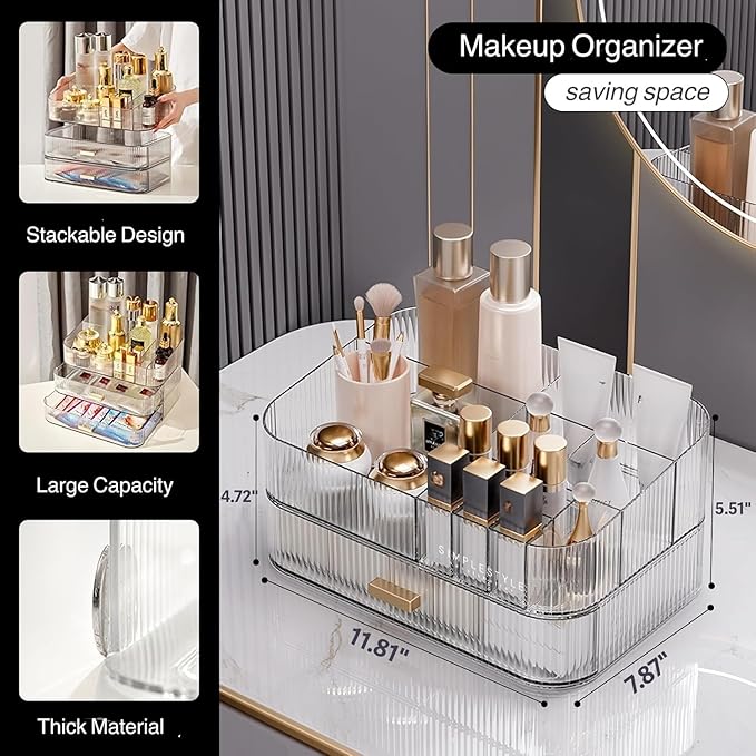 Decorcode Clear Makeup Organizer for Vanity, Large Desk Organizer with Stackable Drawer for Cosmetics, Skincare, Lipsticks, Palette, Nail Care, Ideal Storage for Dresser and Bathroom Countertop