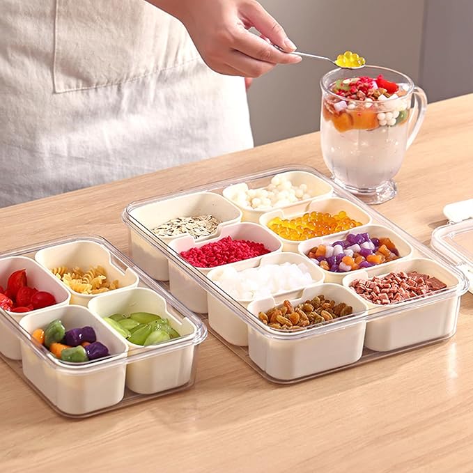 Plastic Divided Serving Tray with Lid and Handle Snack Box Charcuterie Container Portable Snack Platters Organizer for Candy, Fruits, Snacks, Nuts, for Party, Entertaining (White 4 compartments)