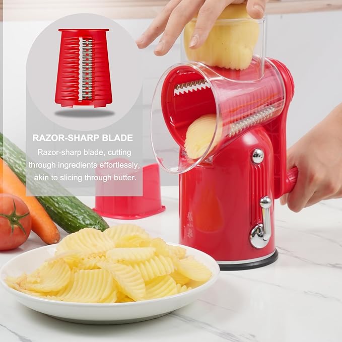 Rotary Cheese Grater Hand Crank with 5-in-1 Interchangeable Blades & Strong Suction Base Vegetables Shredder Manual Slicer for Kitchen, Red
