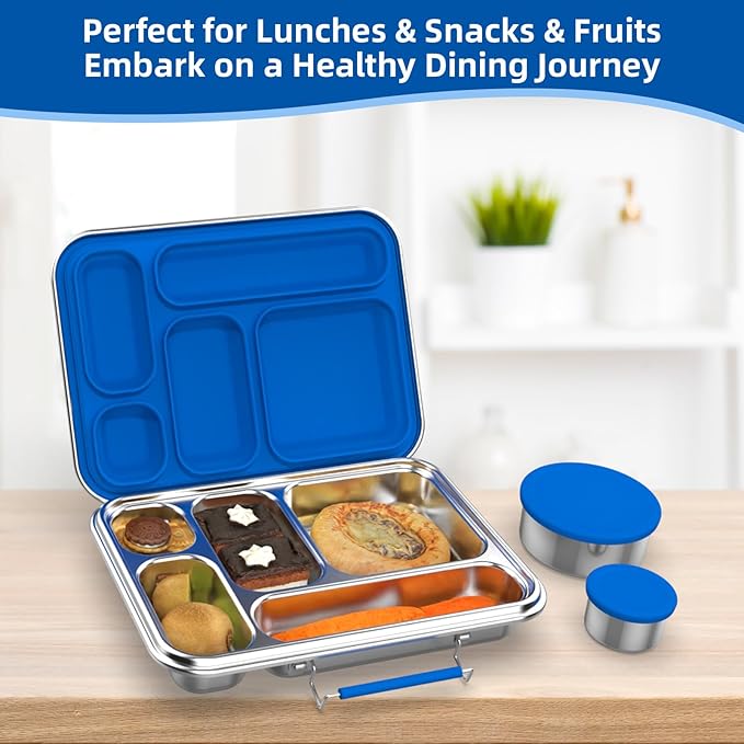 Stainless Steel Bento Box for Adults, 31.6 oz Leakproof 5-Compartments Stainless Steel Bento Containers, Metal Lunch Box with 2 Container, Dishwasher Safe, Design for Office,Outdoor, BPA-Free Blue
