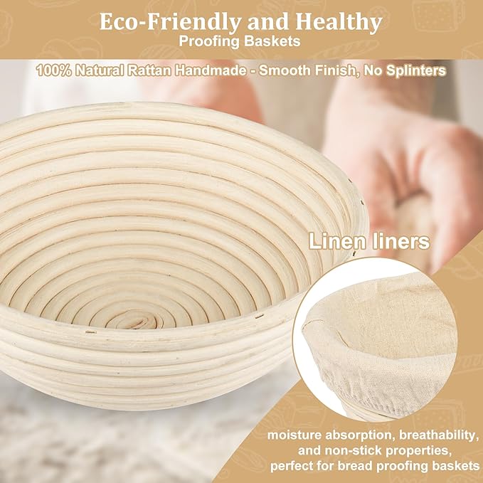 UDUK Bread Proofing Basket Set with 10" Round and 9.6" Round Banneton Baskets, Silicone Bread Sling Baking Mat, Whisk Cutter Scraper Lame - Sourdough Bread Baking Supplies Ideal Sourdough Starter Kit