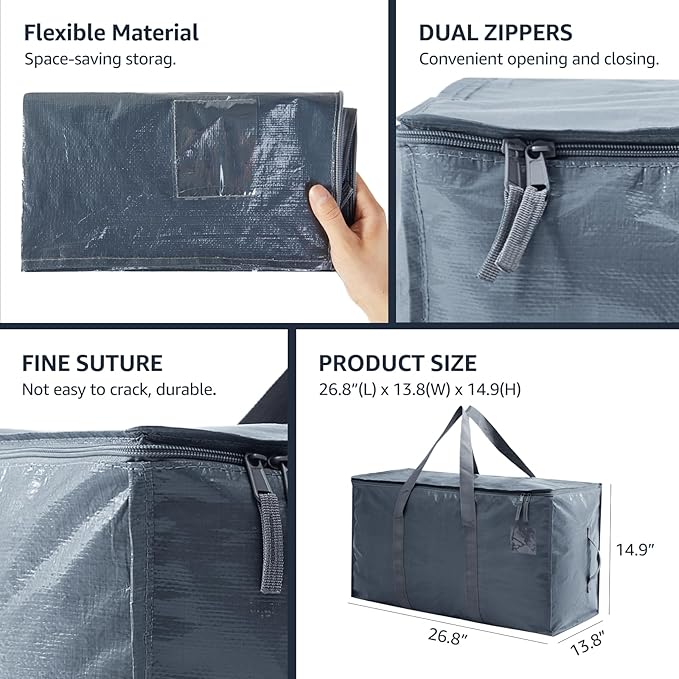 Moving Bags Heavy Duty Extra Large, Moving Boxes, Moving Supplies Essentials, Storage Bins with Lids, Plastic Packing Totes, Storage Bags for Clothes with Handles & Zippers(Grey, 10 Pack)