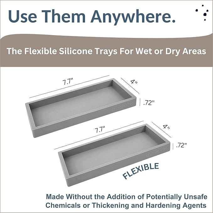 Spacewiser Countertop and Vanity Tray - 2 PC Small 7.7" Silicone Bathroom Trays, Kitchen Soap Tray, Dish Sponge Soap Holder Kitchen Sink Organizer Caddy, Bathroom Counter Trays for Lotion Dispenser