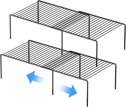 GEDLIRE Kitchen Cabinet Expandable Shelf Organizers Set of 2, Adjustable Metal Wire Pantry Storage Shelves, Plate Dish Organizer Rack for Cabinets, Cupboard, Counter, Freezer, Countertop, Black