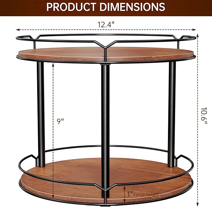 MUTUALUS 12.4" Lazy Susan Organizer 2 Tier - Rotating Spice Rack, Wooden Spinning Spice Holder for Inside Cabinet, Pantry, Kitchen, Countertop, Bathroom and Vanity, Versatile Storage