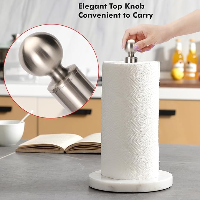 Paper Towel Holder Countertop, Standing Paper Towel Roll Holder for Kitchen Bathroom, with Weighted Base for One-Handed Operation (Marble Base, Brushed Nickel)