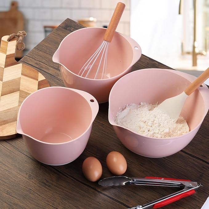 JCXivan 3 Mixing Bowls Set with Lids,Pour Spout and TPR Bottom, Plastic Nesting Bowl Use for Kitchen Cooking-Prep,Serving,Baking Bread Cake,Pancake,Waffle,Non-slip,Dishwasher Safe,3Qt,2Qt,1.5Qt,Pink