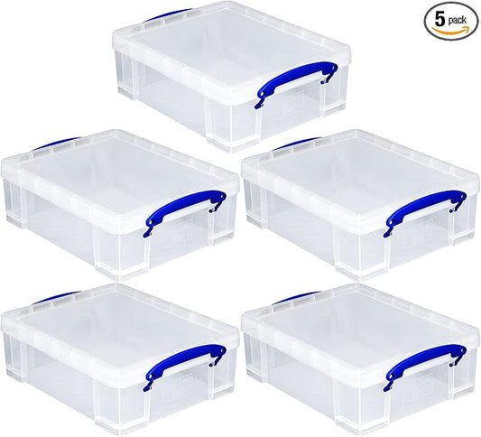 Really Useful Box Stackable 8.1 Liter Plastic Storage Container Bin with Snap Lid & Built-In Clip Lock Handles for Home & Office Organization (5 Pack)