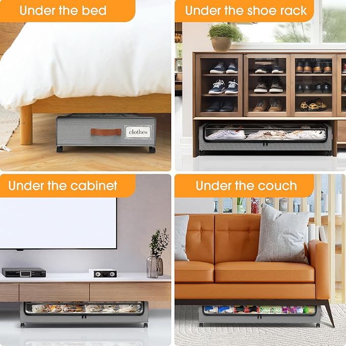 Under Bed Storage with Wheels 1Pack Underbed Storage with Clear Window&Label Under Bed Drawers Large Capacity Rolling Under Bed Storage for Clothes,Shoes, Blankets (Light Grey)