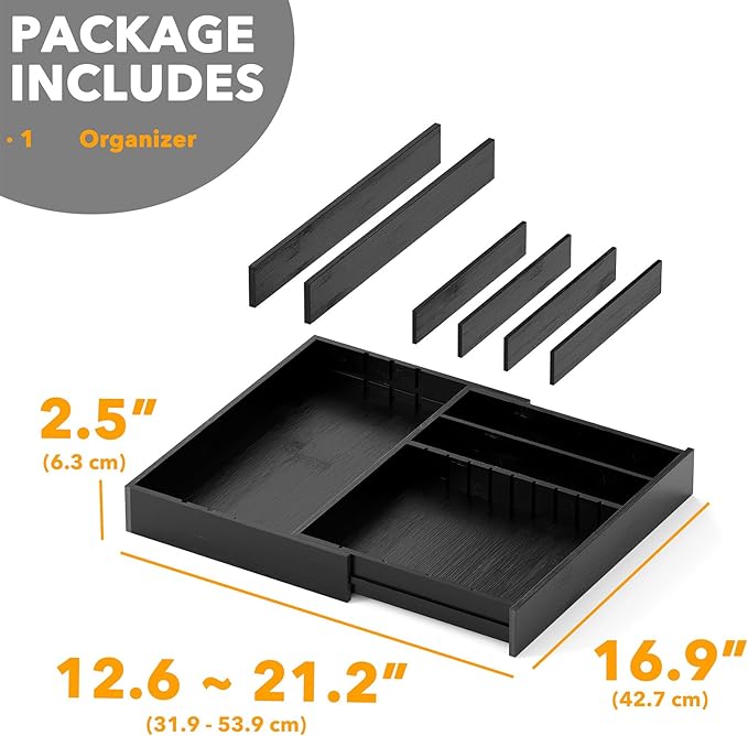 SpaceAid 2.5" High Bamboo Silverware Drawer Organizer with Labels, Kitchen Utensil Expandable Tray Holder for Flatware, Cutlery, Spoon and Knives Drawer Storage Organization (Black)
