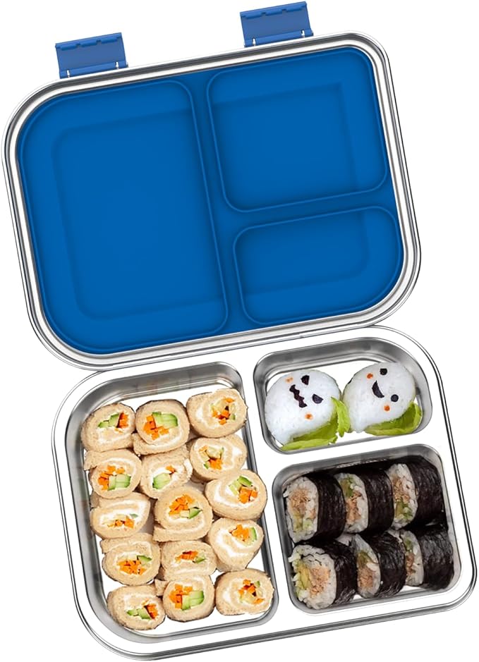 Stainless Steel Bento Box for Kids 1000ml - 3 Compartment Lunch Box for Adults, Leakproof Food Container, BPA-Free Metal Lunch Box with Silicone Seal, Eco-Friendly/Dishwasher Safe (Blue)