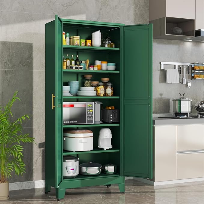 erosoei 75.2”H Metal Kitchen Pantry Storage Cabinet, Storage Cabinets with Adjustable Feet and Shelves,Food Pantries Cupboard for Kitchen, Living Room, Laundry Room and Dinning Room（Green）