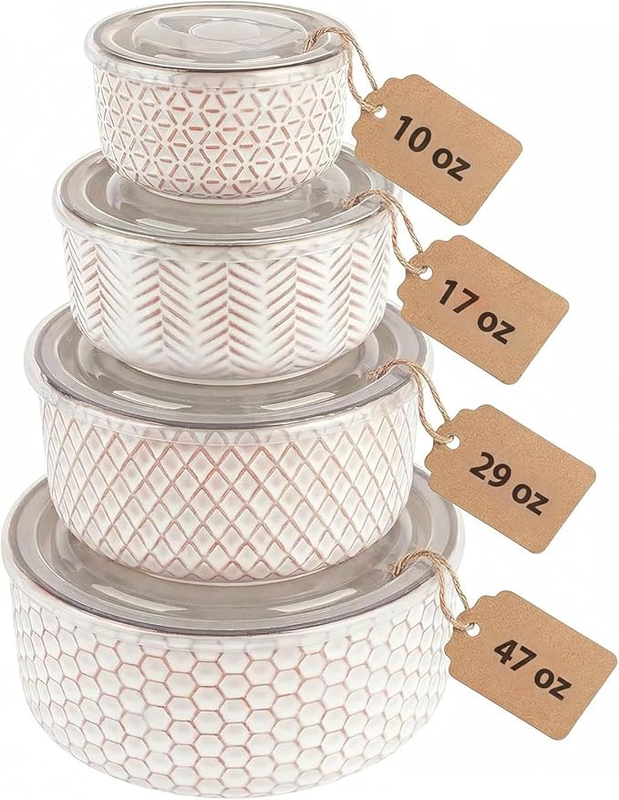 KooK Serving Bowls, with Lids, Ceramic Mixing Bowls, Nesting, Set of 4, Embossed, Kitchen, Prep, Stackable, Mix, Gift, Microwave and Dishwasher Safe, 10/16/29/47 oz, Narbonne Collection (Ivory)